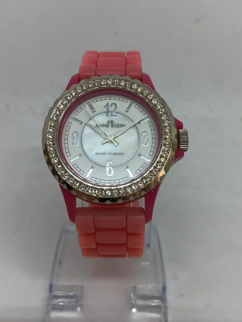 Anne Klein AK10/9439 Women's 39mm MOP Dial Pink Crystal Accent Watch NEW BATTERY